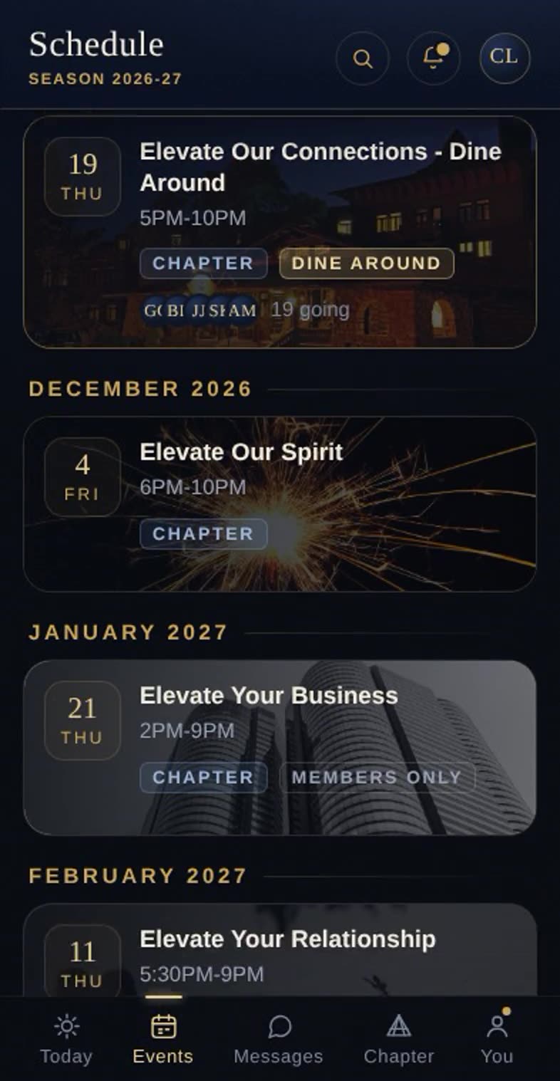The season's schedule, each event with its own artwork