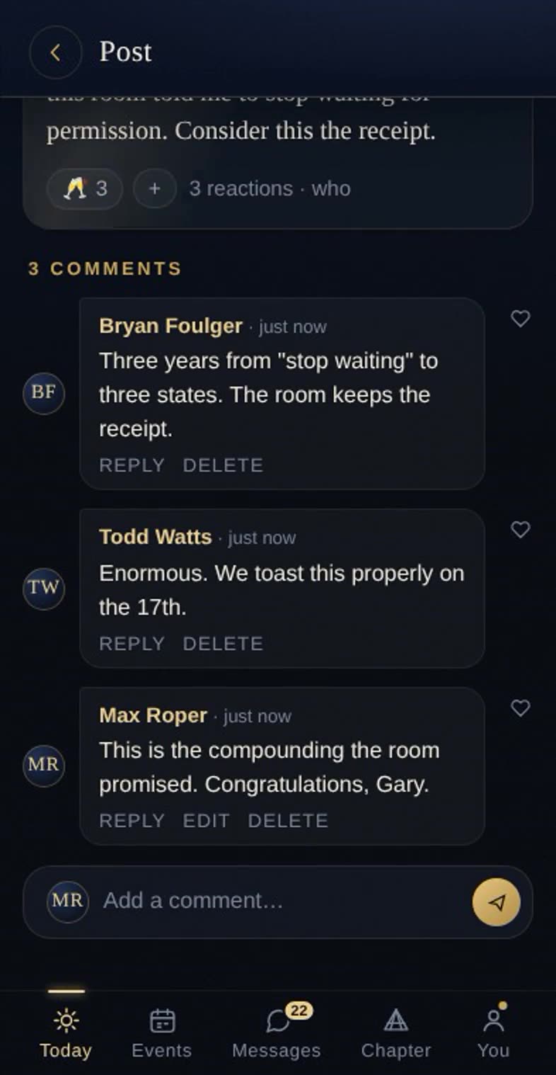 The feed - a win opened, comments and a raised glass