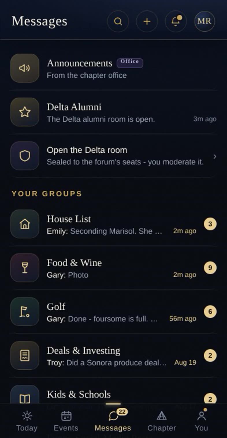 Messages - the chapter's rooms, Golf and Food and Wine among them