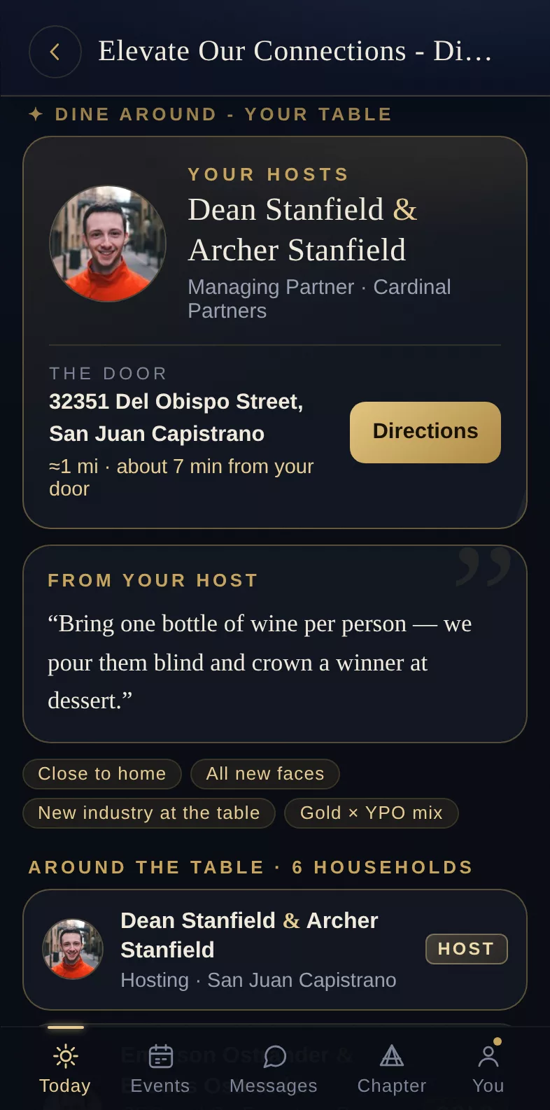 A member's phone - their host, the address with directions, the drive time and everyone at their table