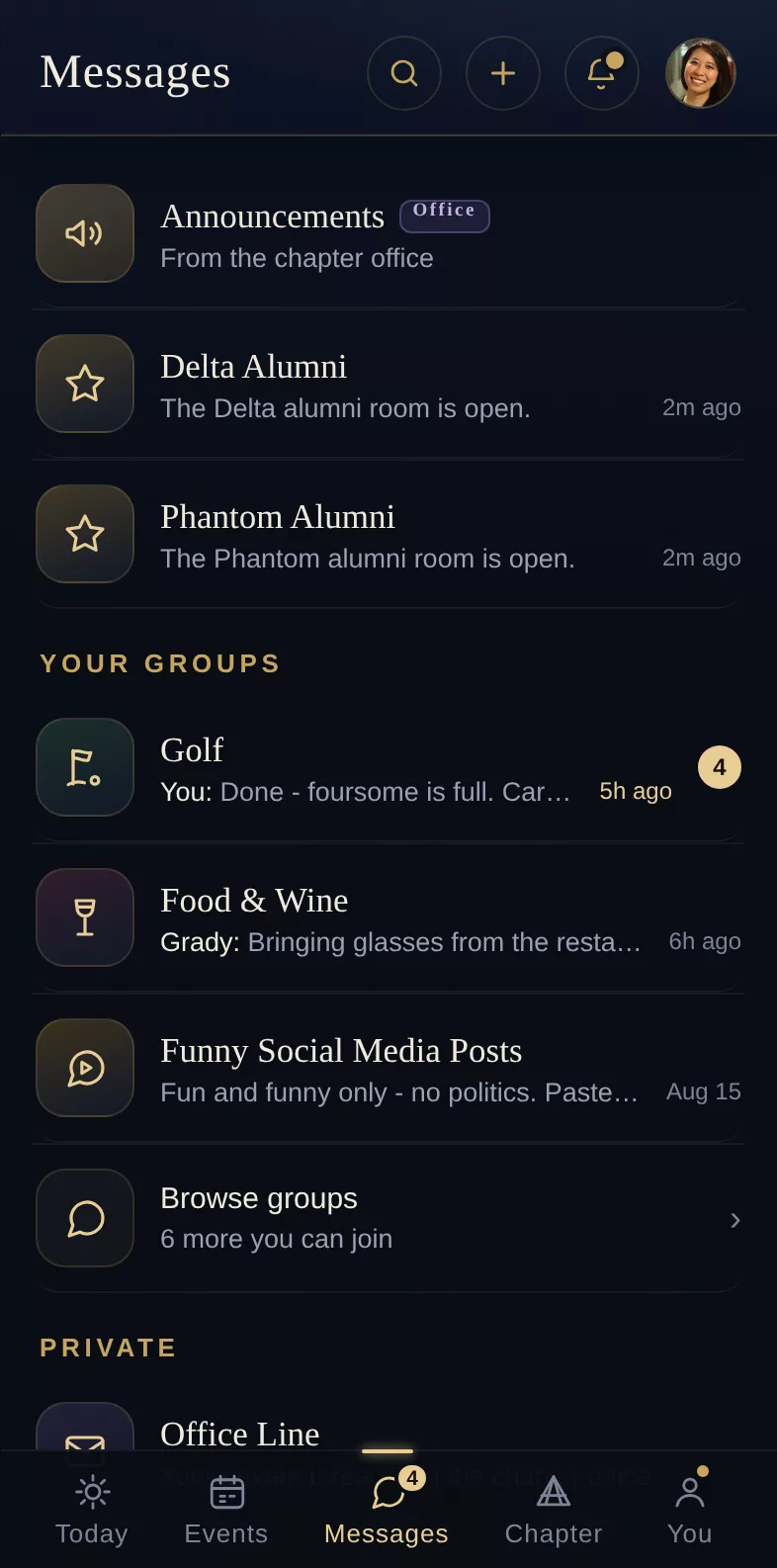 Messages - announcements, your groups, and the office line in one inbox