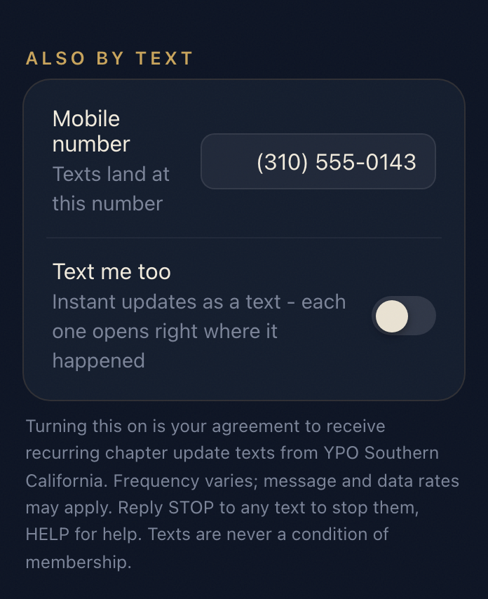 The notifications screen: the Mobile number field holding the member's phone number and the Text me too switch under the heading Also by text, the switch off by default, with the program terms printed beneath